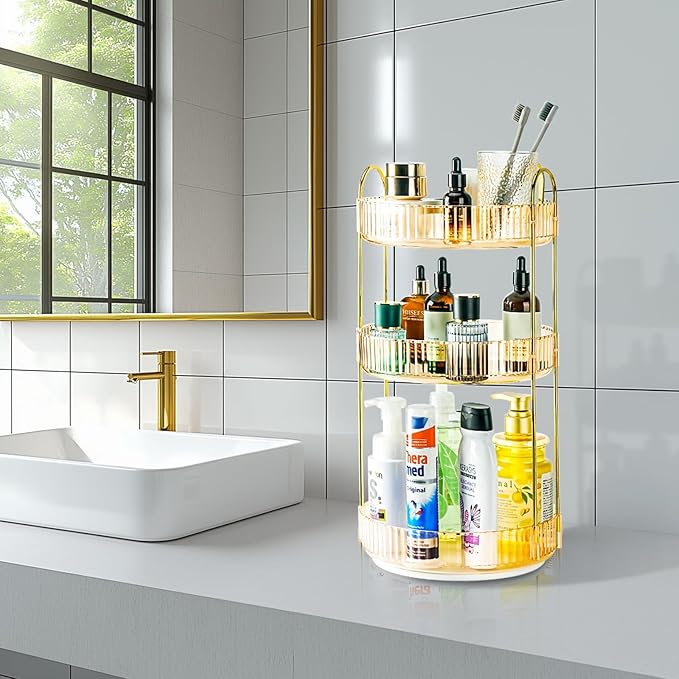 Niluks 360 Rotating Makeup Organizer - Large Capacity Spinning Perfume & Cosmetic Skincare Holder for Vanity & Countertop (Vibrant Orange, 3 Tier)