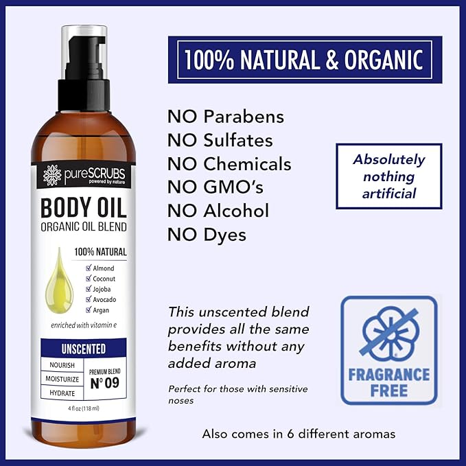 pureSCRUBS Ultra Moisturizing Unscented Body Oil for Dry Skin, 4 oz