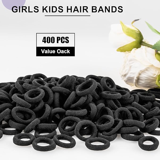 400 PCS Baby Hair Ties – No Damage Elastic Ponytail Holders, Soft Seamless Multicolor Hair Bands for Toddlers and Girls, Baby Hair Accessories (Black)