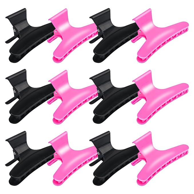 BAHABY Hair Clips for Styling Sectioning 12 Pack Black Hot Pink Butterfly Clamps Hair Claw Clips Pro Salon Hair Clips for Styling, Sectioning, Cutting and Coloring