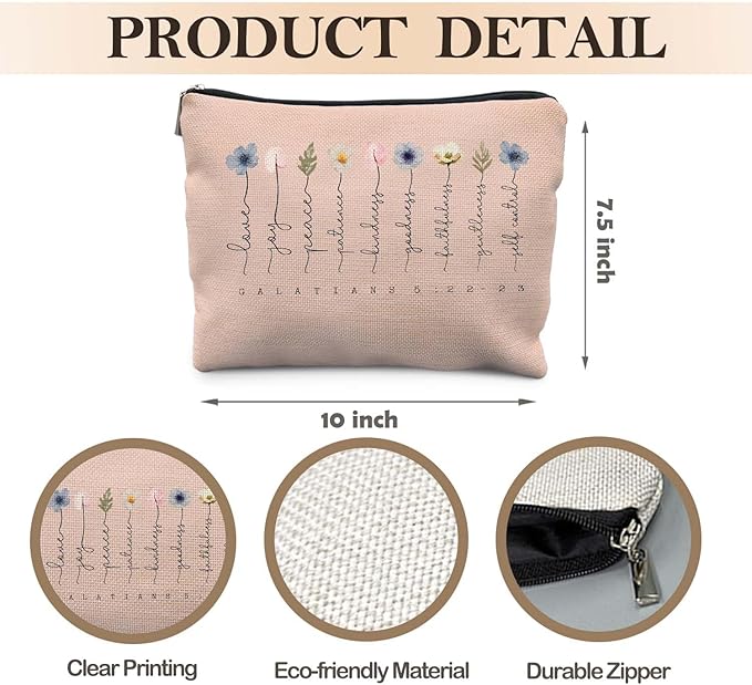 Likjad Christian Gifts Makeup Bag, Floral Christian Cosmetic Bags for Women, Galatians 5:22-23 Bible Verse Makeup Pouch, Faith Based Gifts Zipper Pouch(light pink)