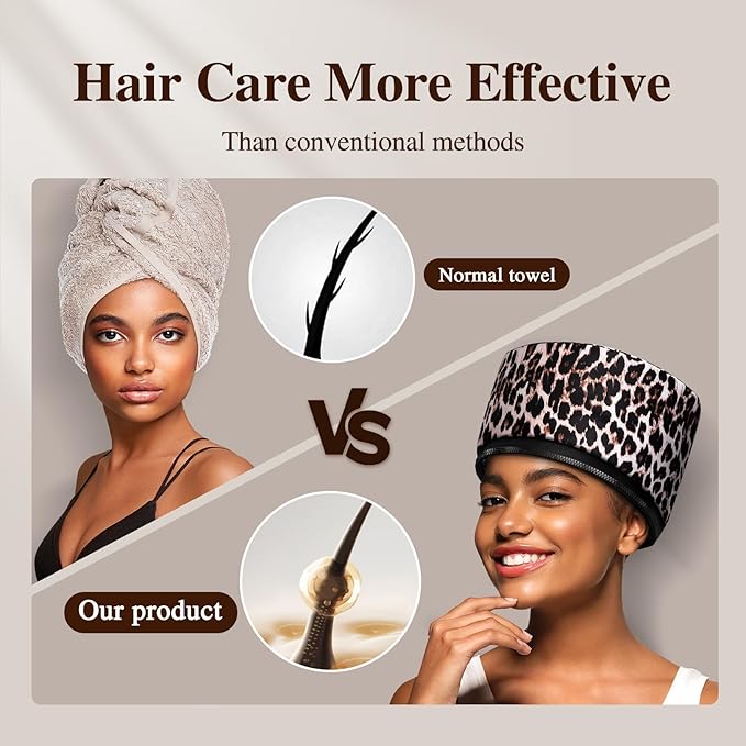 Heat Cap Leopard Thermal Steam Cap - 10-Level Heating for Deep Conditioning Natural and Black Hair at Home