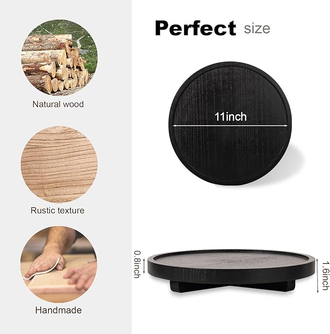 Round Decorative Tray Wood Bathroom Counter Organizer Farmhouse Kitchen Decor Wooden Riser for Soap Dish, Perfume, Candle, Sponge, 11" - Black