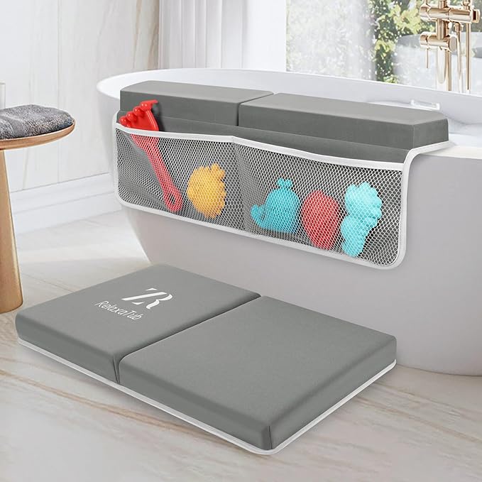 Bath Kneeler and Elbow Rest Pad Set - 2-Inch Thick Comfortable Baby Bath Kneeler Pads, Quick-Dry Non-Slip Bathtub Mat with Toy Organizer for Knee & Arm Support for Baby Bath Time
