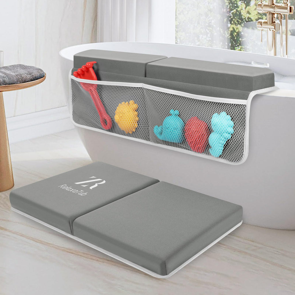 RelaxaTub Bath Kneeler and Elbow Rest Pad Set - 2-Inch Thick Comfortable Baby Bath Kneeler Pads, Quick-Dry Non-Slip Bathtub Mat with Toy Organizer for Knee & Arm Support for Baby Bath Time