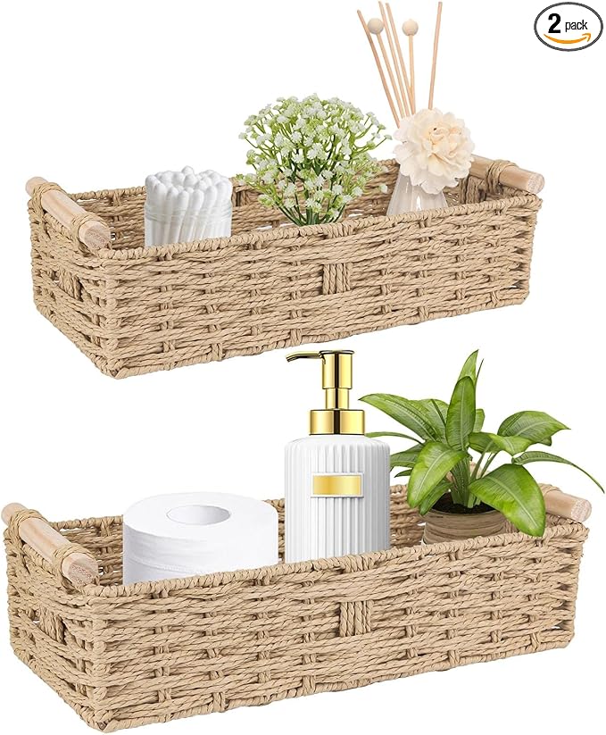 2 PCS Toilet Paper Storage Basket, Paper Rope Imitation Wicker Bathroom Baskets for Toilet Tank Basket with Handles for Desk, Shelf, Countertop, Boho Coastal Bathroom Decor Beige