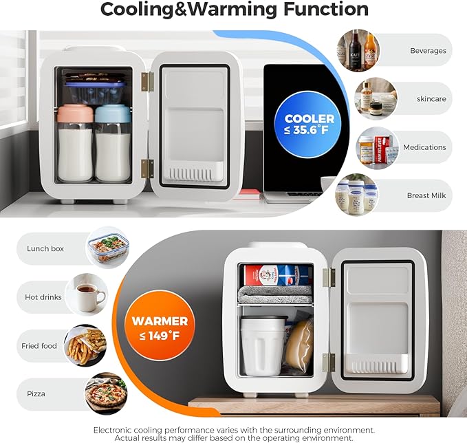 YASHE Mini Fridge, 4 Liter/6 Can Mini Makeup Fridge, 110V AC/ 12V DC Portable Thermoelectric Cooler&Warmer for Skincare, Drink, Cosmetic, Medicine, Small fridge for Bedroom, Office, Dorm, Car, White