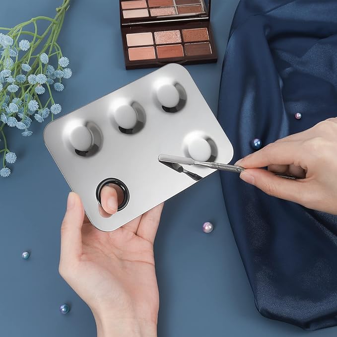 Penugo Professional Stainless Steel Makeup Palette,2 Pieces Cosmetic Palette with Spatula Tool, Nail-art Mixing Palette for Cosmetic Pigment Blending