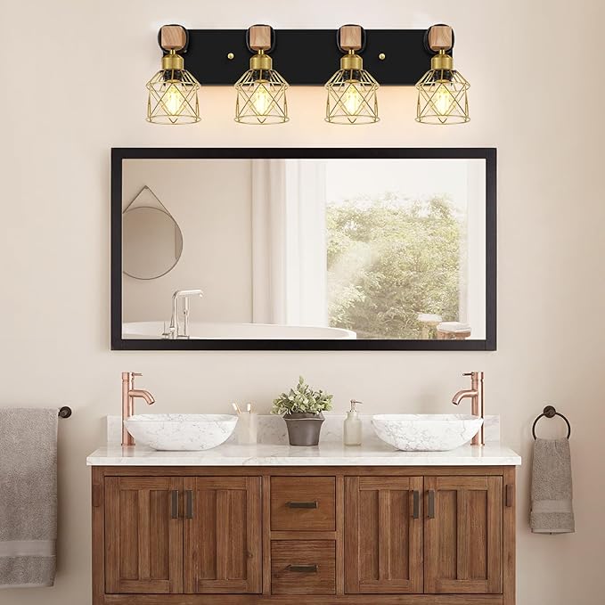 FadimiKoo Farmhouse Bathroom Vanity Light Fixtures, 4-Light Wood Bathroom Lighting Over Mirror, Rustic Black Gold Sconces Wall Lighting with Metal Lampshade for Living Room, Bedroom, Hallway