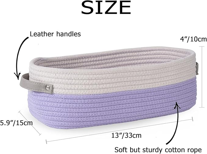 Oradrem 2 Pack Small Cotton Rope Woven Basket Toilet Paper Baskets for Organizing Decorative Baskets for Boho Decor Small Storage Basket 13"x5.9"x4" Purple