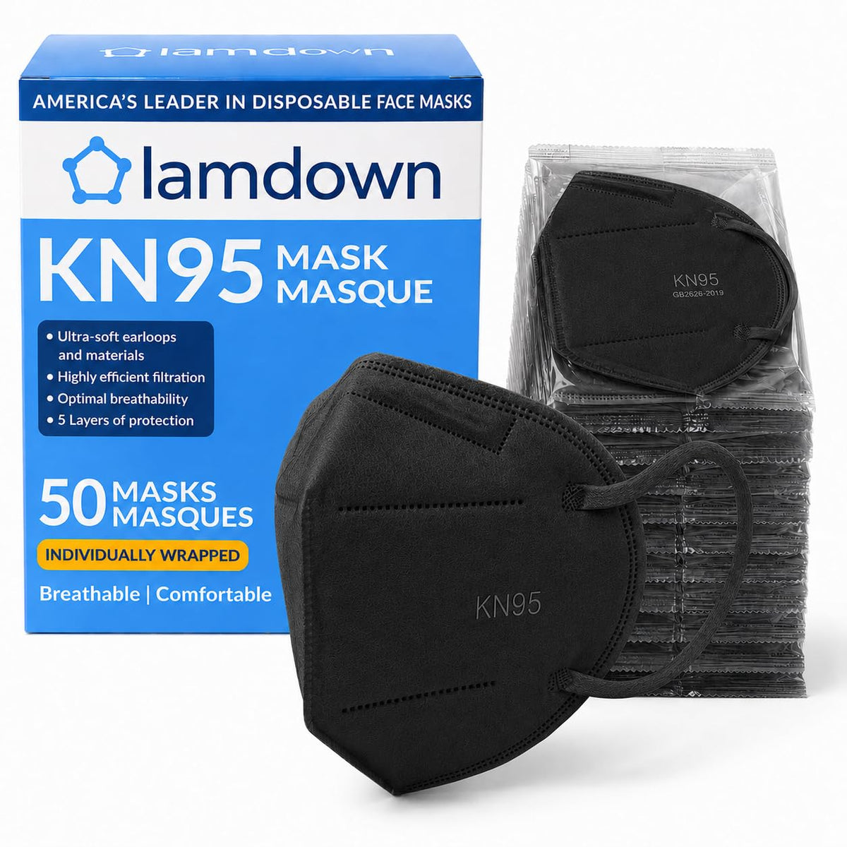 (50-Pack) KN95 Face Masks, Individually Wrapped, Premium Disposable Dust Mask, Black