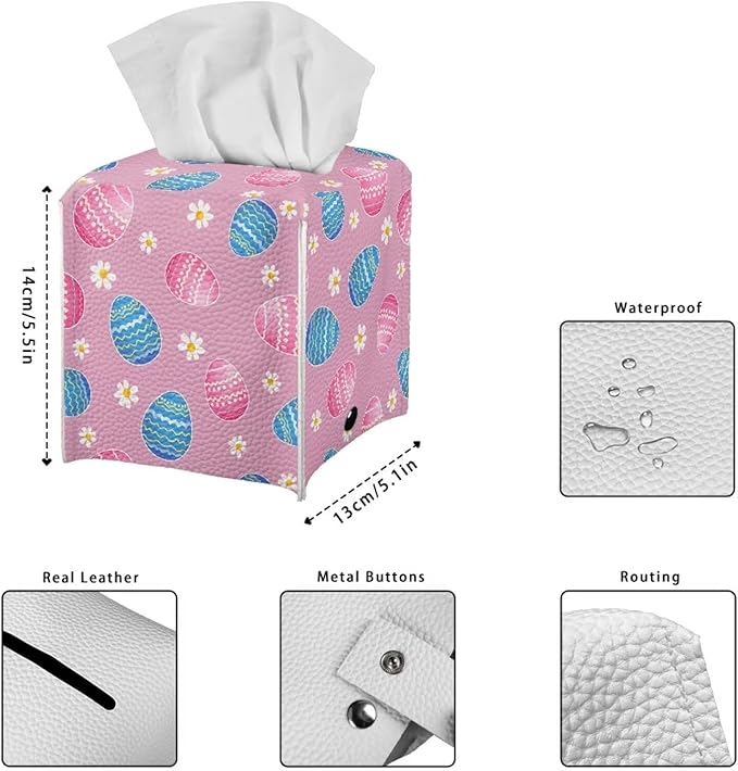 Pink Eggs Flower Tissue Box Case PU Leather Square Modern Asthetic Tissue Box Cover with Metal Button Waterproof Napkin Organizer for Home Office Car Bathroom Decor