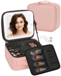 TANTO Makeup Bag With LED Mirror, Travel Makeup Case with Light up Mirror Large Cosmetic Case with 3 Color Lighted Portable Professional Organizer Bag with Adjustable Dividers（Pink）