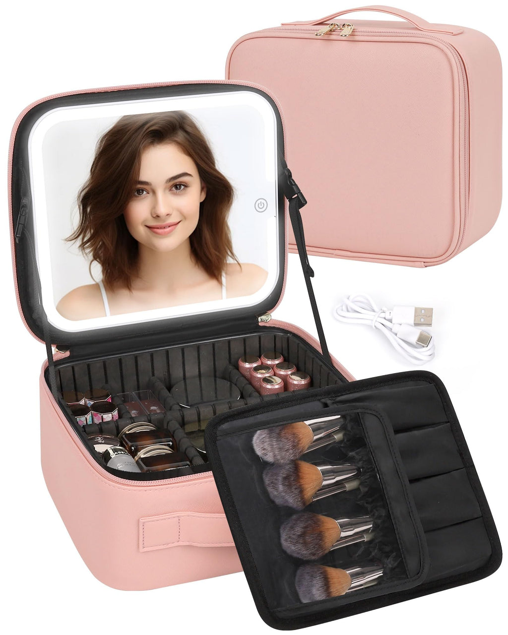 TANTO Makeup Bag With LED Mirror, Travel Makeup Case with Light up Mirror Large Cosmetic Case with 3 Color Lighted Portable Professional Organizer Bag with Adjustable Dividers（Pink）