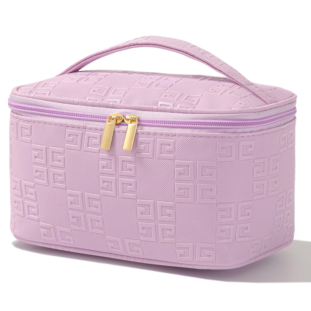 Meiyuuo Travel Makeup Bag for Women, PU Leather Cosmetic Bag, Light Purple