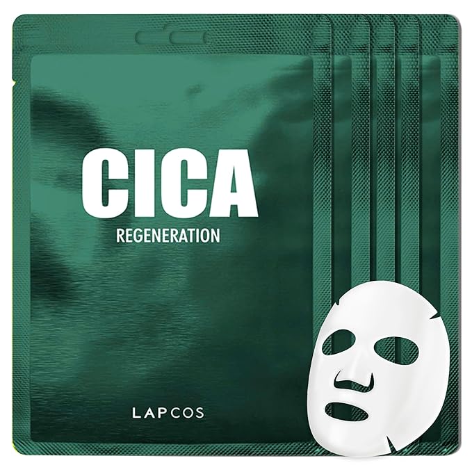 LAPCOS K Beauty Cica Sheet Mask - Regenerating & Soothing Face Masks with Niacinamide & Centella Asiatica for Dull, Damaged Skin Barrier - Highly Breathable Bamboo Sheet - Korean Skin Care (Pack of 5)