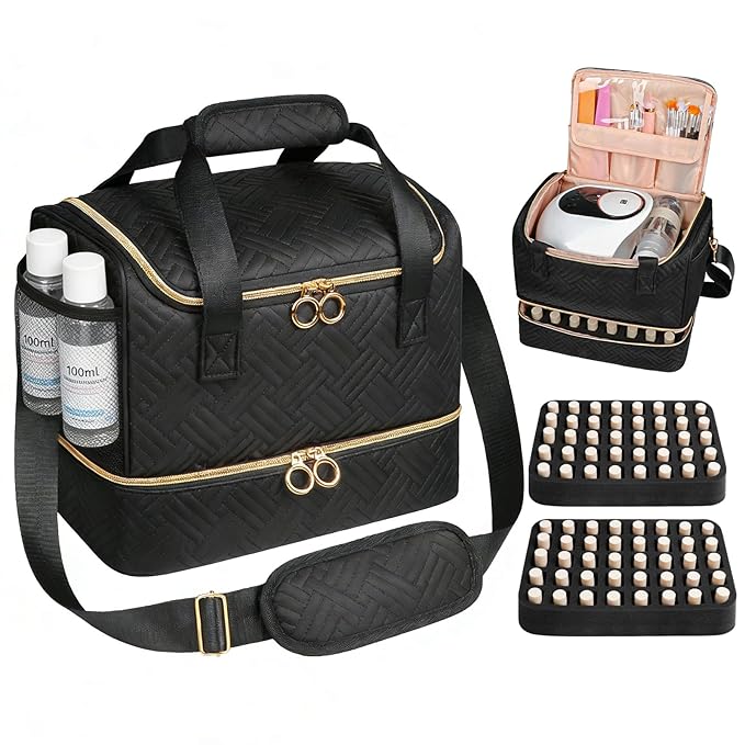 Veirdro Nail Polish Organizer Bag Holds 80 Bottles (15ml/0.5fl.oz)& Nail Lamp, Soft Nylon Nail Kit Storage Carrying Case with Shoulder Strap, Double Layer Nail Supplies Organizer Handbag Women Black