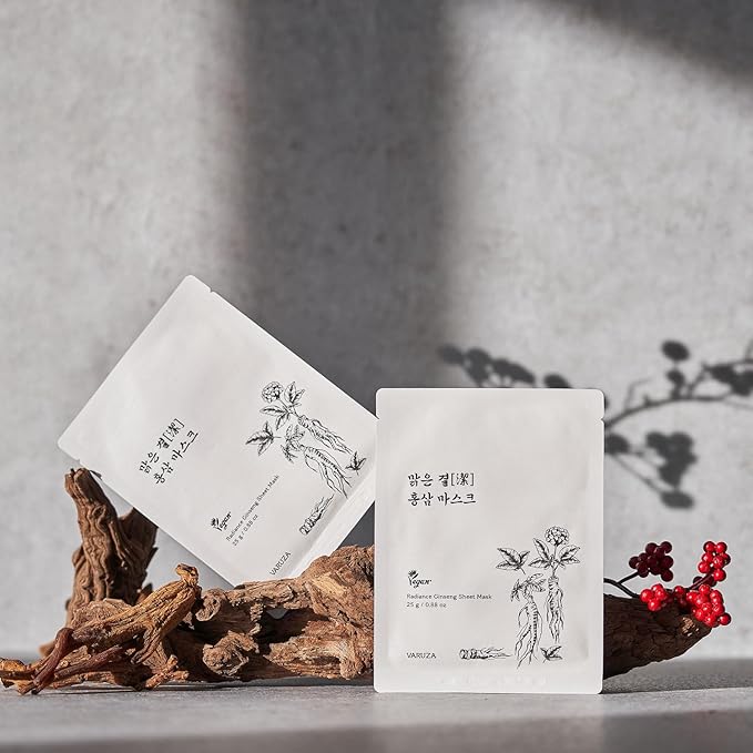 varuza Radiance Ginseng Sheet Masks - Hydrating Face Masks for Healthy and Strengthening Skin Barrier - Vegan, Cruelty Free Korean Face Mask