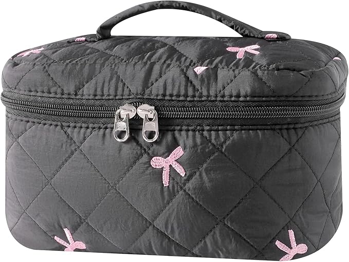 uekeboag Large Travel Quilted Makeup Bag for Women, Floral Cotton Cosmetic Bag, Coquette Aesthetic Floral Toiletry Organizer Bag(13Black Bow