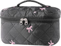 uekeboag Large Travel Quilted Makeup Bag for Women, Floral Cotton Cosmetic Bag, Coquette Aesthetic Floral Toiletry Organizer Bag(13Black Bow