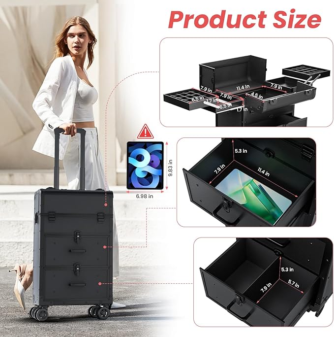 ALUROICE Large Rolling Makeup Train Case, Professional Travel Cosmetology Case on Wheels with Drawers, 3 Tiers Nail Organizers Storage Case for Nail Tech, Tattoo, Hairstylist, Makeup, Extra Large