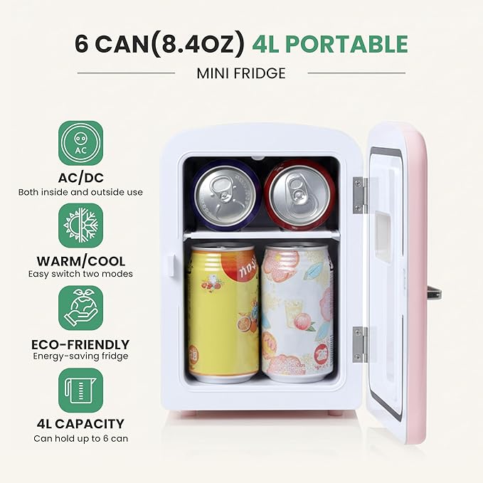 Simple Deluxe Mini Fridge with Viewing Window, 4L/6 Can Portable Cooler & Warmer, Freon-Free Small Refrigerator for Skincare, Drinks, Snacks & Cosmetics, Pink