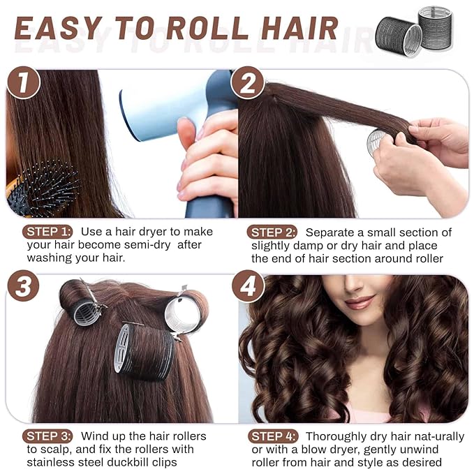 Large Hair Rollers Set - 24 Pieces with 12 Jumbo Rollers and 12 Clips for Long Thick Hair Volume (Black)