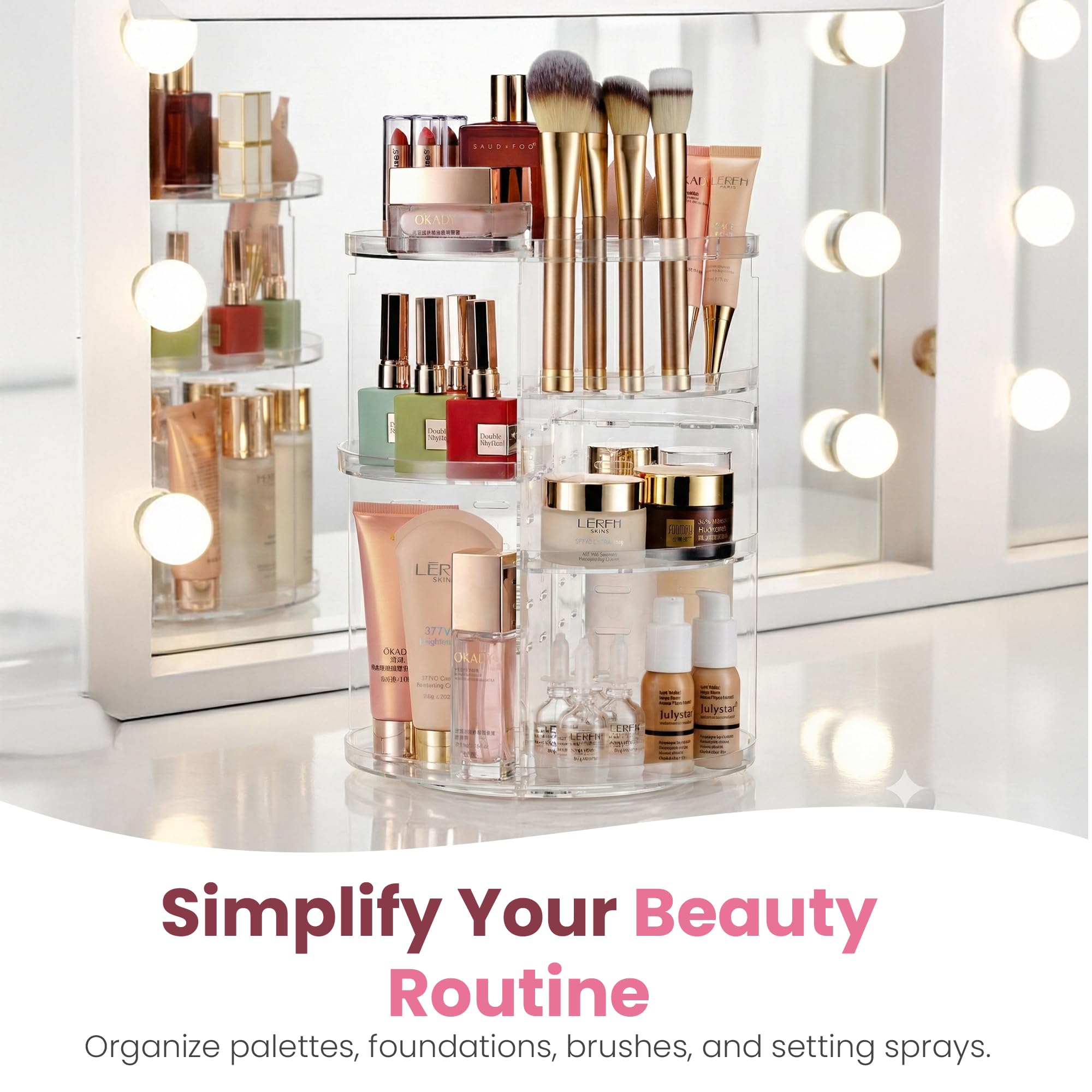 Masirs 360 Rotating Makeup Organizer Countertop, Adjustable Shelf, Clear