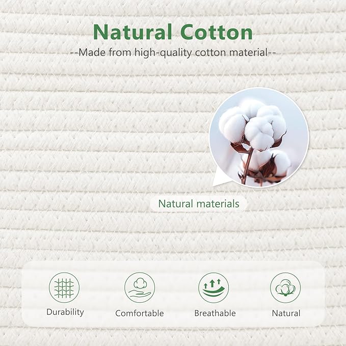 Cotton Rope Storage Basket, 15x10x9 Inches, Woven Basket for Shelves, Clothes, Towels, Books, and Laundry, White (3 Pack)