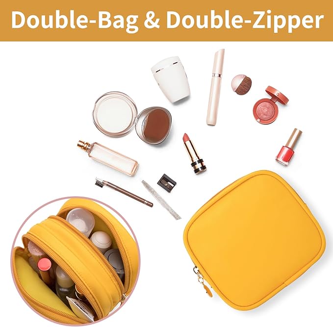XIAOLER Small Makeup Pouch, Double Zipper Cosmetic Bag, Travel Makeup Bag, Cute Makeup Bag for Purse, Mini Toiletry Bag (yellow)