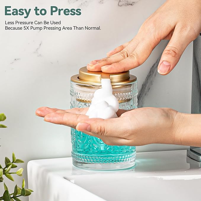 AZMOYAC Glass Foam Soap Dispenser, 8 Oz Face Wash Dispenser for Bathroom, Vintage Glass Clear Foaming Hand Soap Dispenser, Small Refillable Lotion Dish Dispenser for Kitchen (Matte Golden-8 OZ)
