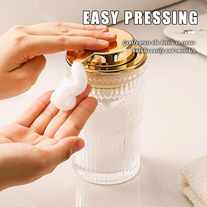 Foaming Soap Dispenser for Kitchen & Bathroom Liquid Kitchen Dish Refillable Soap Dispenser with Gold Plastic Pump Modern Home Bathroom Decor (Clear, S)