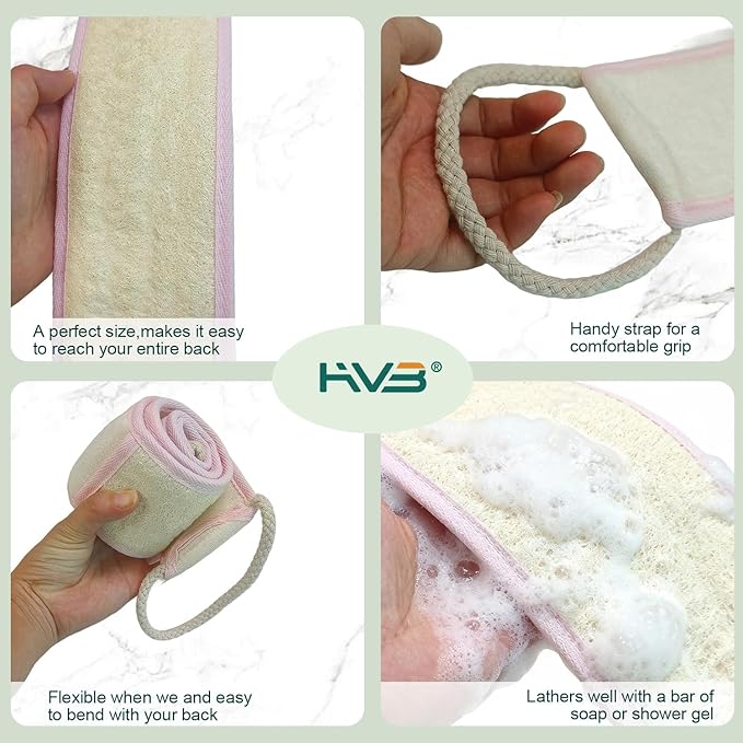 HVB Natural Loofah Back Scrubber for Shower, Exfoliating Natural Loofah Back Scrubber, Unisex, Deep Cleanses the Back and Revitalizes Skin – Pack of 2 (1 Box)