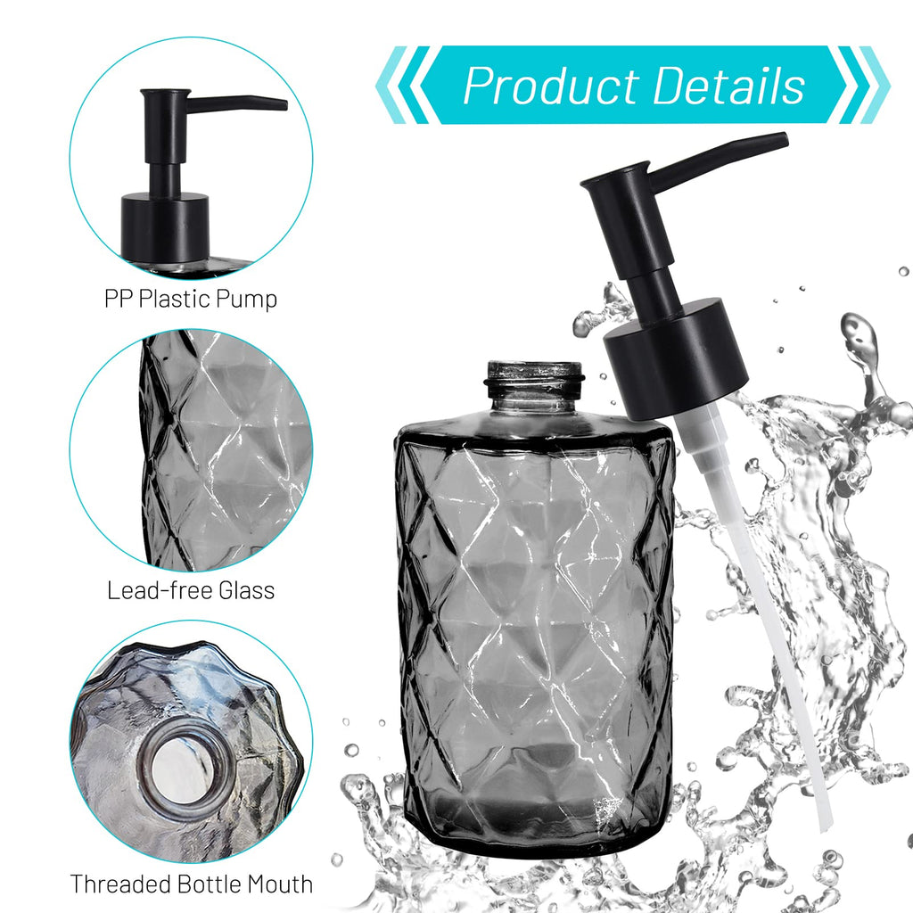 Glass Soap Dispenser with Plastic Pump, 330ml/11oz. Liquid Hand Soap Dispenser for Bathroom and Kitchen, Hand-Pump Dispenser for Dishwashing Liquid, Lotion, Soap, Shower Gel, Essential Oil (Black)