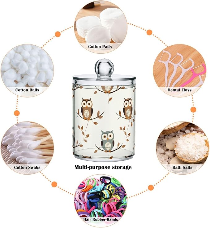 4 Pack Qtip Holder Dispenser Owl Forest Little Animal Cotton Ball Cotton Swab Round Pads Floss Clear Bathroom Storage Containers Plastic Apothecary Jars with Lids