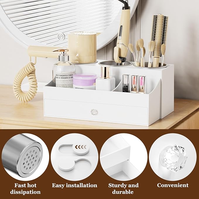 GFWARE Hot Hair Styling Tool Organizer with Drawer & 3 Cooling Cups, White