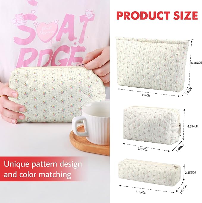 Gocvo 3 Pcs Makeup Bag Cosmetic Bag Set for Girls Women Checkered Travel Organizer Bathroom Toiletry Pouch Large Capacity Storage Bag(Small Flower Blue)