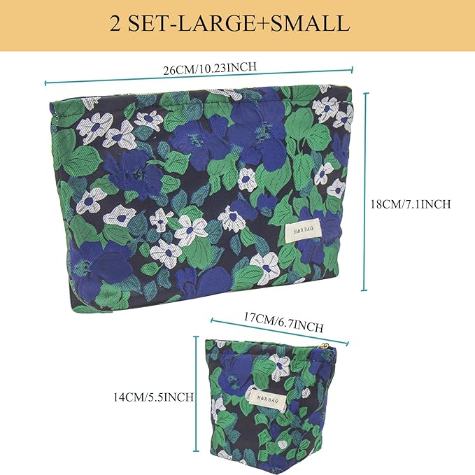 getgto 2 Pcs Makeup Bags, Large Cosmetic Bag Travel Toiletry Bag Organizer for Women, Embroidery Craft, Floral Makeup Bag Small Cosmetic Pouch Purse with Zipper Gifts for Girls Teen