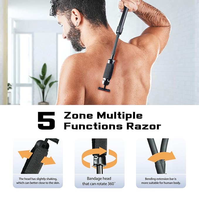 ETbyto Safety Razor Extension Handle with Adjustable Length for Leg Razor,Back Shaver for Men,Multi-Function Extension Shaver Handle can be Fitted Lotion Applicator,Hair Brush for Wet or Dry - Black