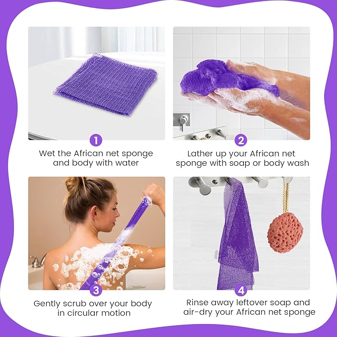 African Net Sponge, Authentic Exfoliating Body Scrubber for Bath and Shower, Multiple Textures with Gentle Deep Exfoliating and Rich Lather for All Skins (Purple)