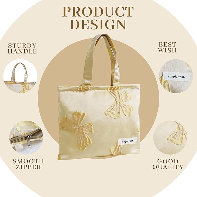 Wudygirl Makeup Bag Travel Cosmetic Bag for Women Small Makeup Pouch with Handle Zipper Cosmetic Pouch Handbag Aesthetic 8.3" x 6.7"(Yellow Bow)
