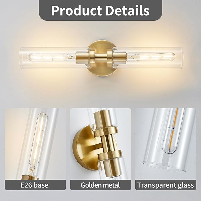 2-Light Brushed Brass Gold Bathroom Light Fixtures Over Mirror Modern Vanity Light Wall Lighting with Clear Glass Shade for Bathroom, Bedroom, Hallway, Cabinet