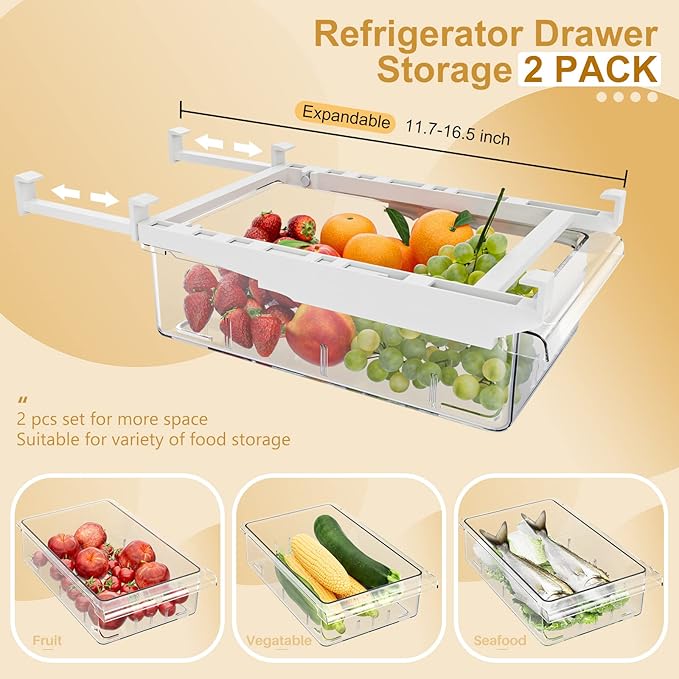 SNSLXH 2 Pack Refrigerator Drawer Organizer, Pull Out Shelf Storage Transparent Organizer for Egg, Fruit, Vegetable, Seafood, Meat, Fit All Fridge Shelves Under 0.6''