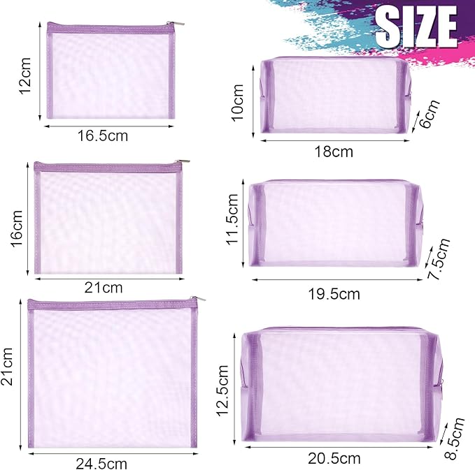 Boao 6 Pieces Mesh Makeup Bags Mesh Cosmetic Bag Portable Travel Organizing Zipper Pouch Toiletries Makeup Pouches for Home Office Travel Accessories(Light Purple)