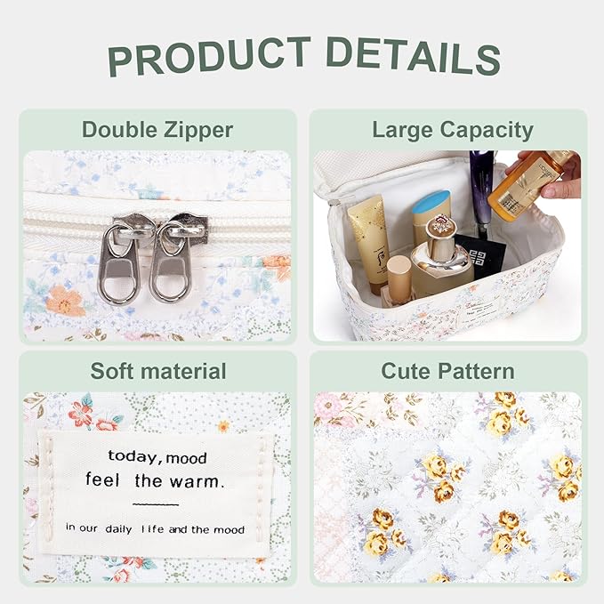 GISMTR 3Pcs Cotton Quilted Makeup Bag Large Travel Cosmetic Bag Coquette Makeup Pouch Cute Aesthetic Floral Toiletry Bag for Women Girls (flower-U)