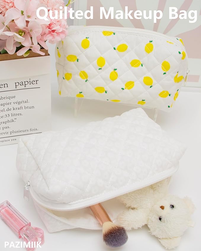 PAZIMIIK Small Quilted Makeup Bag,Zipper Cosmetic Pouch,White Floral