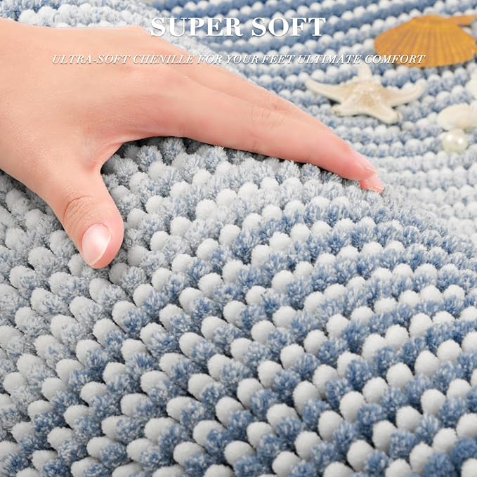 BSICPRO Bathroom Rugs and Mats Sets, 2 Piece Thick Absorbent Chenille Bath Mat Rug Set Non Slip, Soft Shaggy Bath Room Floor Mats for Bathroom, Machine Washable (Fog Blue, 20" x 60" Plus 20" x 32")