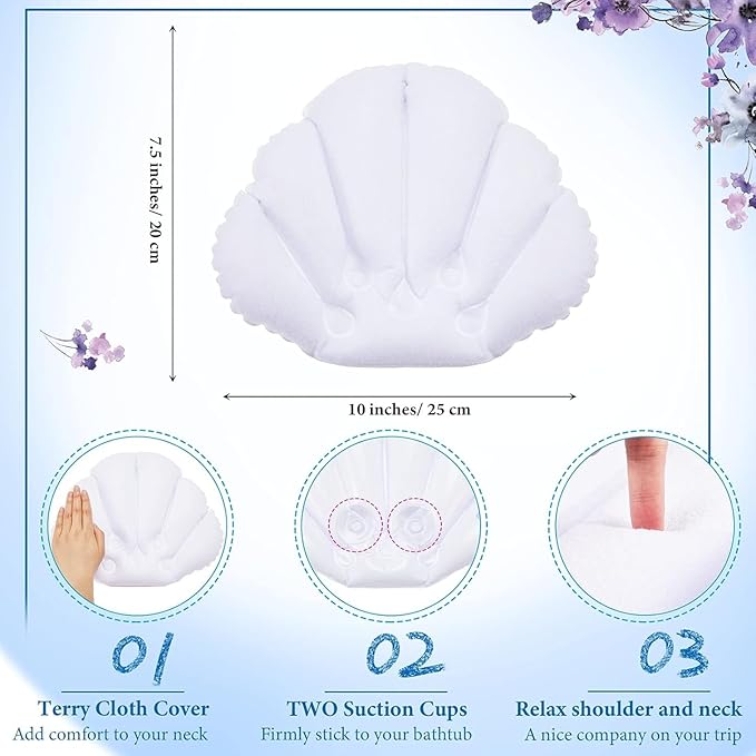 Jetec 2 Pcs Inflatable Bath Pillow with Suction Cup Terry Cloth Covered Bath Pillow Shell Shape Bathtub Spa Pillows Comfortable Soft Cushion Neck Support Fits All Pool Bathroom Home Spa Hot Tub