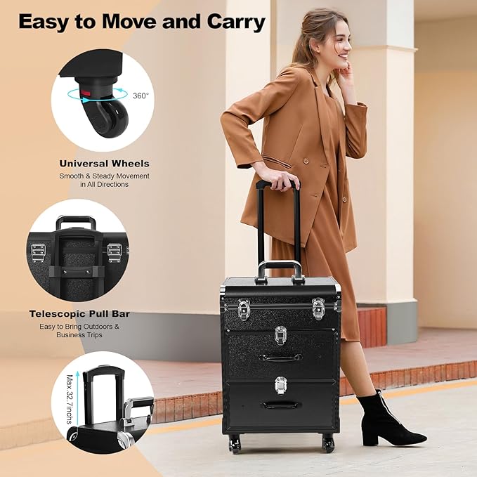 SuiYuLn Lockable Makeup Train Case,110lbs Rolling Hairdressing Trolley,Beauty Salon Cosmetic Luggage with Universal Wheels for Hair Stylist,Make-up Artists,Hairdressers (Black 5)