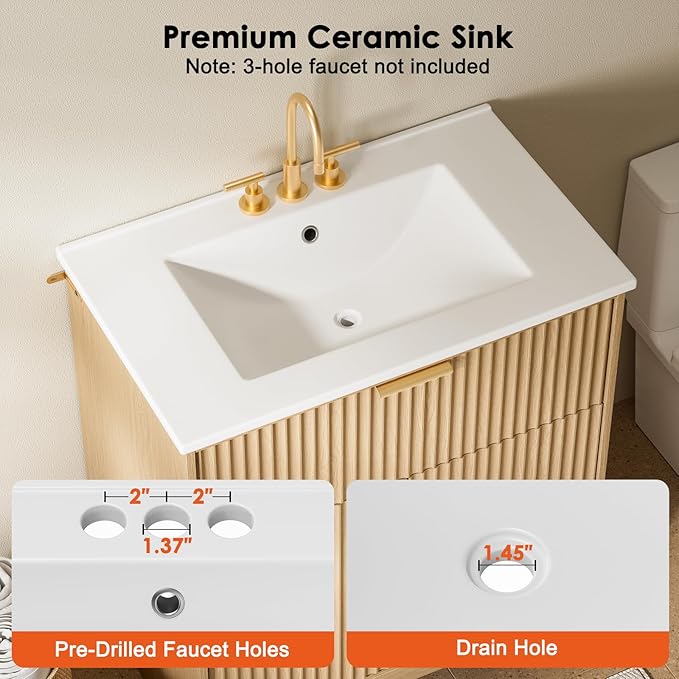 Amada 30'' Bathroom Vanity with Ceramic Sink, Modern Undermount Vanity Sink Cabinet with 2 Doors and 1 Drawer, Fluted Free Standing Bathroom Storage Cabinet with Sink Combo Set, Natural Oak